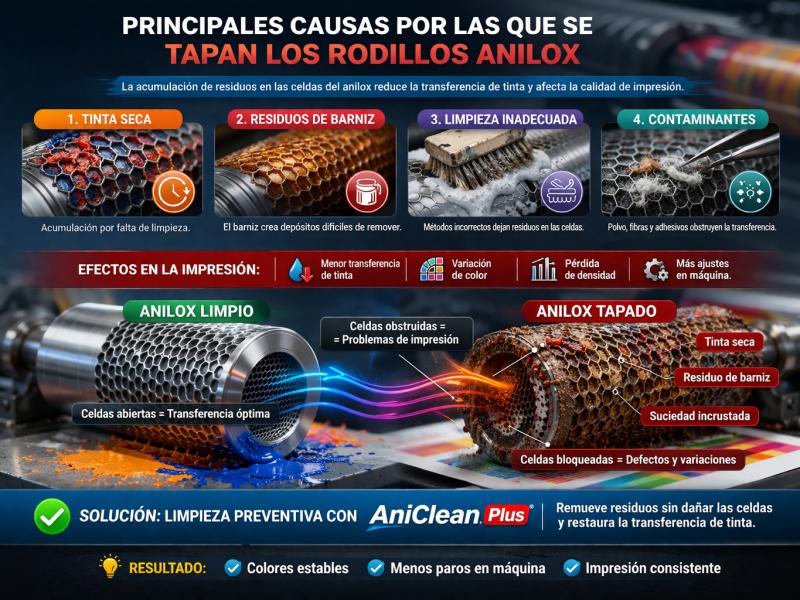 causas de obstrucción en rodillos anilox tinta seca barniz residuos y contaminantes en celdas