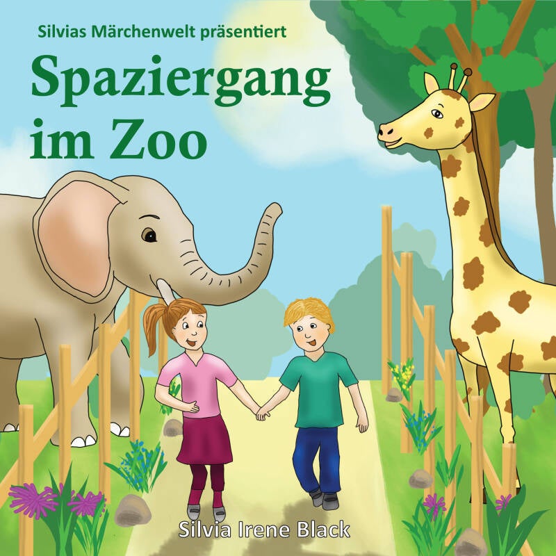 Cover Bilderbuch "Spaziergang im Zoo": ein Junge und ein Mädchen gehen Hand in Hand durch den Zoo spazieren. Rechts von ihnen eine Giraffe im Gehege, links von ihnen ein Elefant