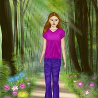 Charakterkarte Kimmy: ein Teenagermädchen mit langen brünetten Haaren steht im Wald