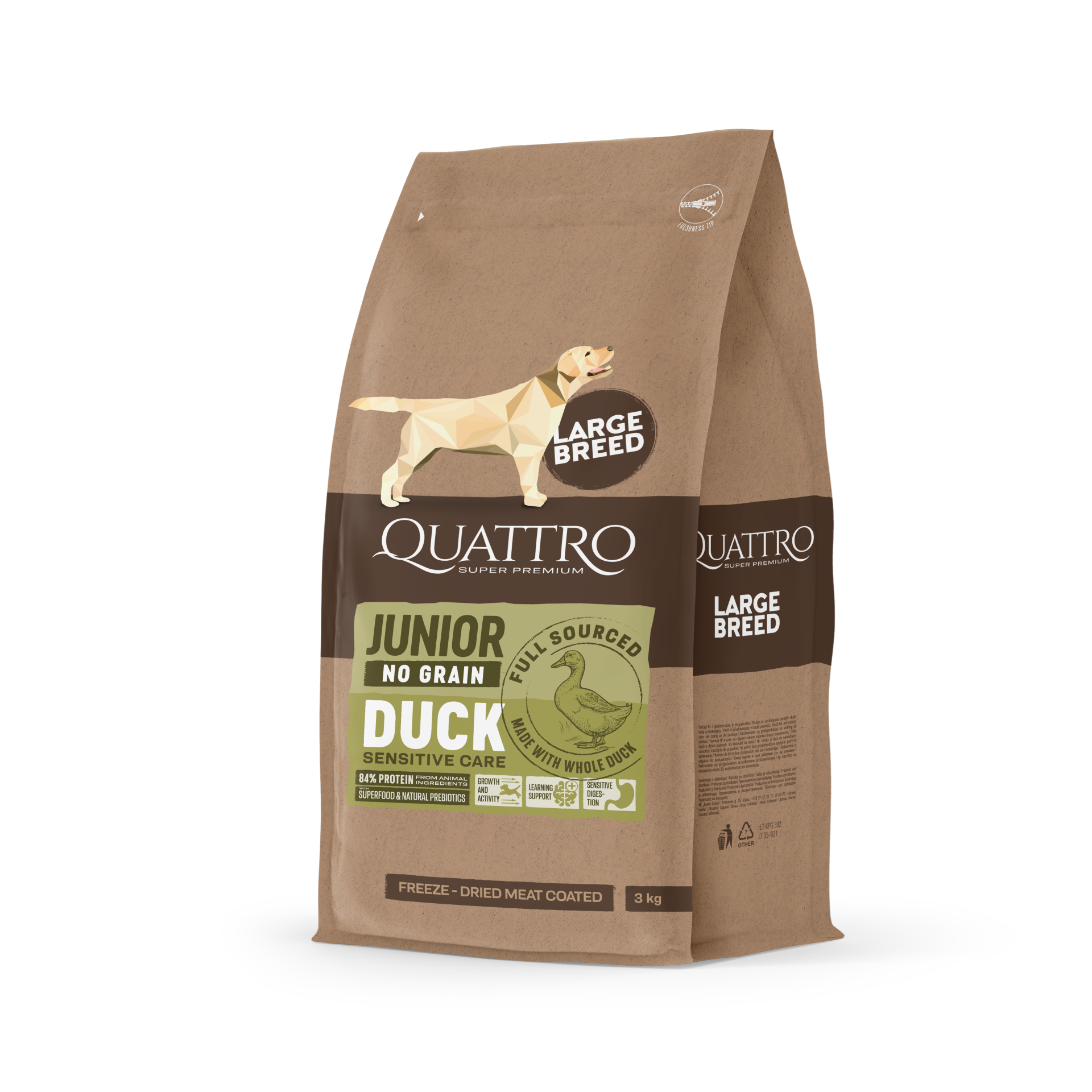 Quattro Super Premium No Grain Large Breed Junior, Duck 12 kg