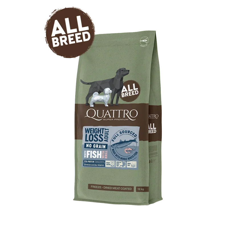 Quattro Super Premium No Grain All Breed Adult WEIGHT LOSS, White Fish & Krill 3kg