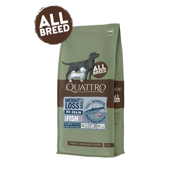Quattro Super Premium No Grain All Breed Adult WEIGHT LOSS, White Fish & Krill 3kg