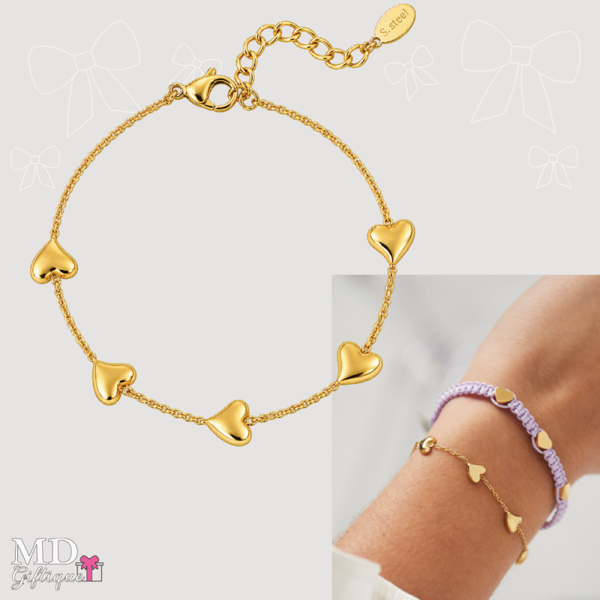 Armband 5 hartjes goudkleurig