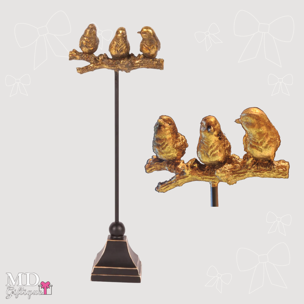 Beeld 3 vogeltjes op stok goudkleurig