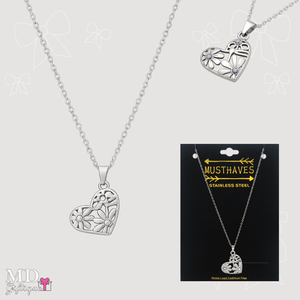 Ketting hart met bloemdetail en blanco steentjes
