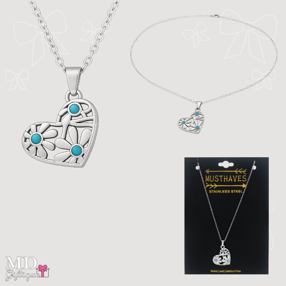 Ketting hart met bloemdetail blauwe steentjes