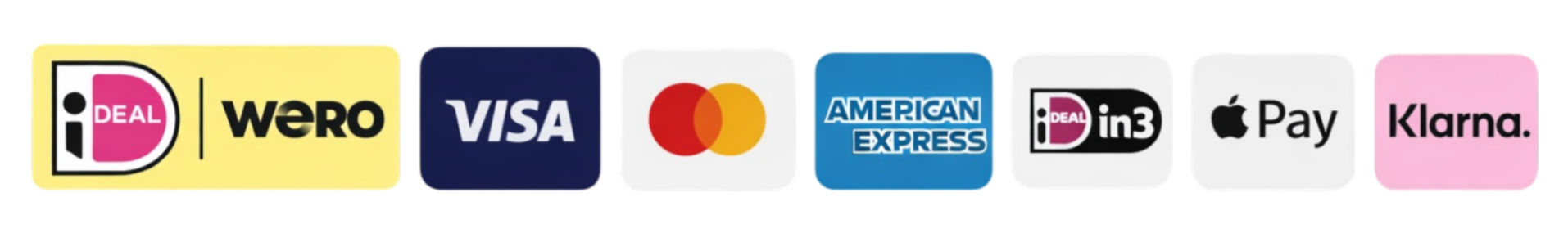 alt="Betaalmethoden: iDEAL, Visa, Mastercard, American Express, in3, Apple Pay en Klarna"