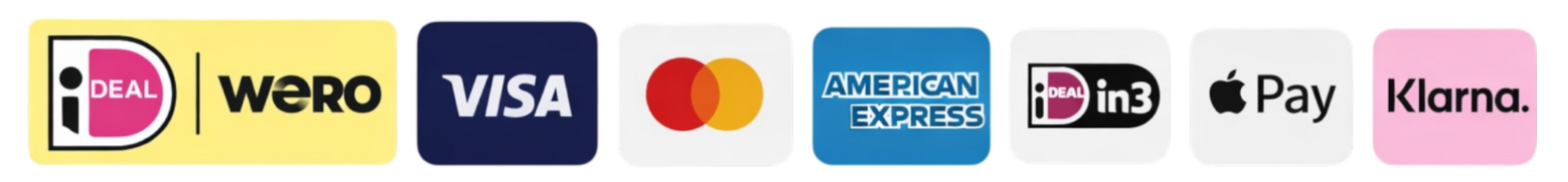 alt="Betaalmethoden: iDEAL, Visa, Mastercard, American Express, in3, Apple Pay en Klarna"