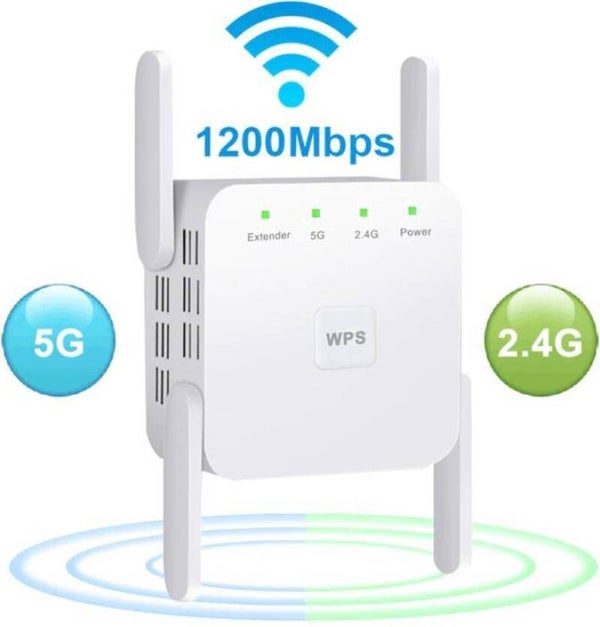 WiFi Versterker W02– 1200Mbps Draadloze Repeater – 2.4G & 5G Dual Band – WiFi Range Extender met 4 Antennes – EU Plug – WPS – Lange Bereik – Wit