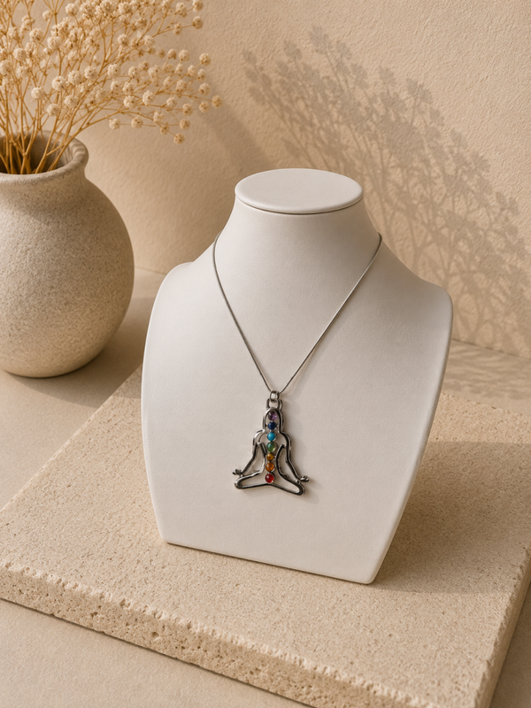 Zilveren ketting met chakra hanger – mediterende figuur