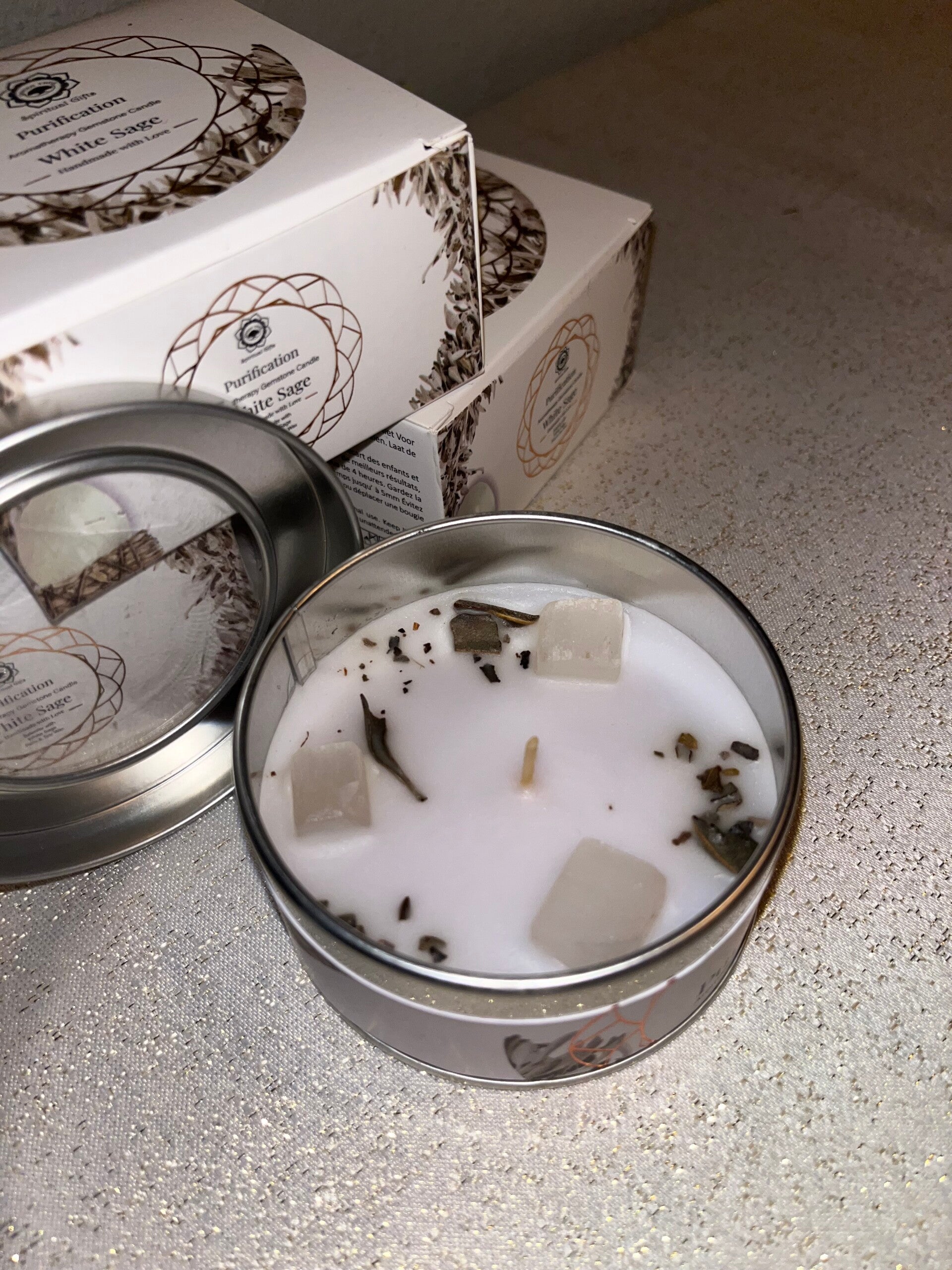 Edelsteen geurkaars purification - Seleniet (blik)