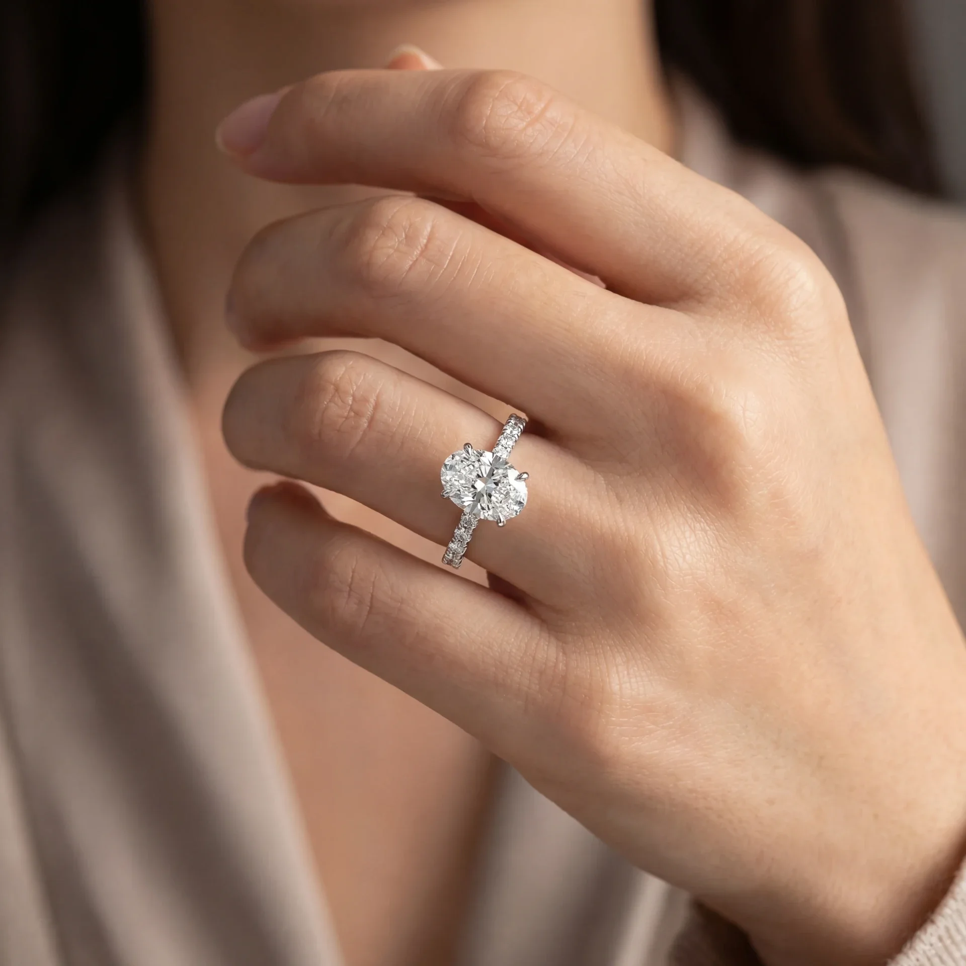 Oval Natural Diamond Engagement Ring with Hidden Halo and Shoulder Diamonds