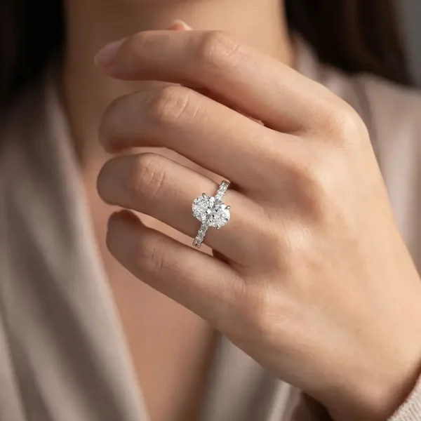 Oval Natural Diamond Engagement Ring with Hidden Halo and Shoulder Diamonds