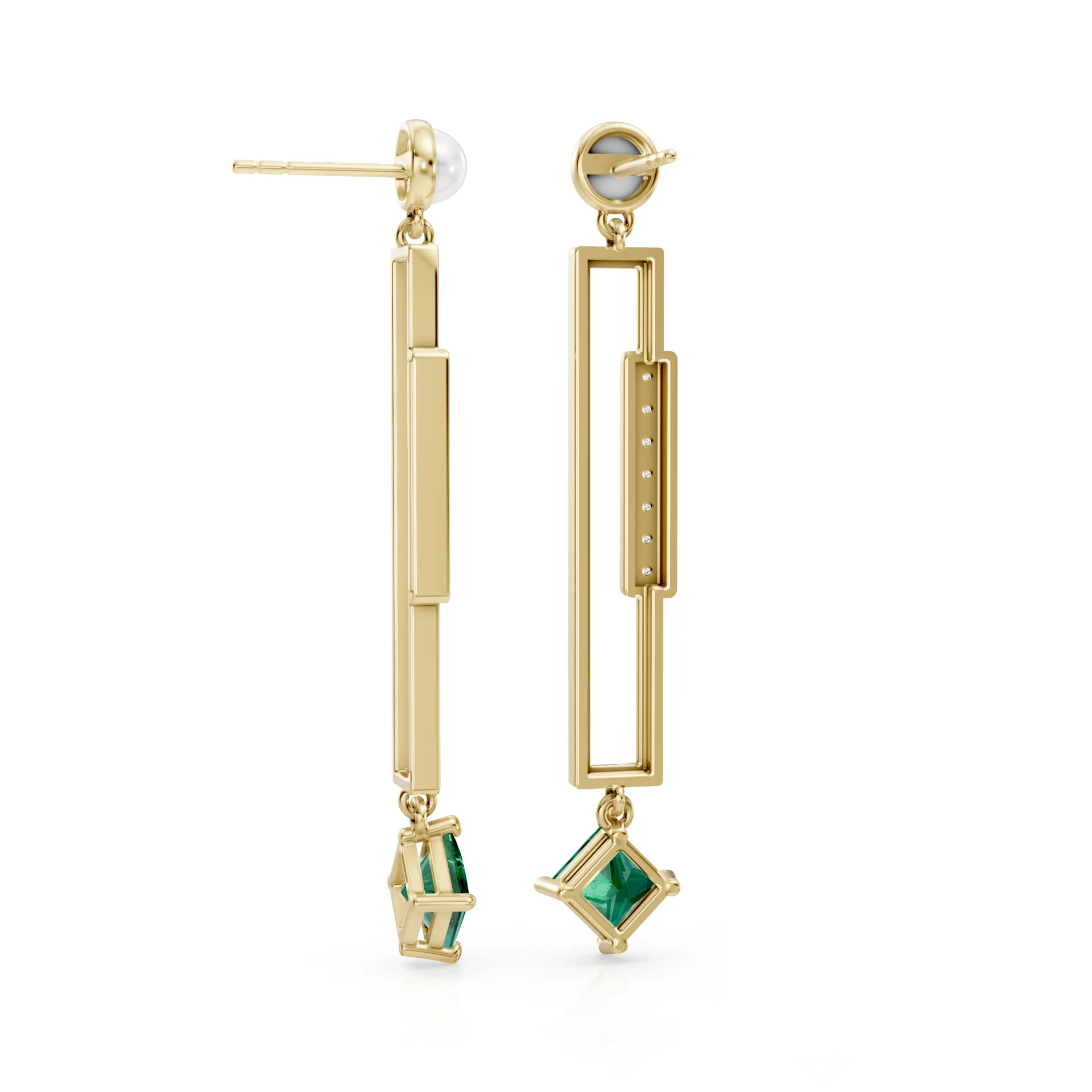 Diamond, Pearl and Emerald Geometric Drop Earrings