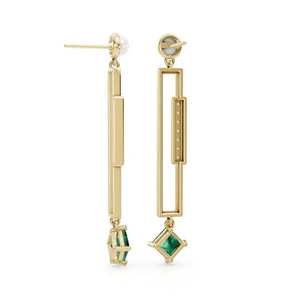 Diamond, Pearl and Emerald Geometric Drop Earrings