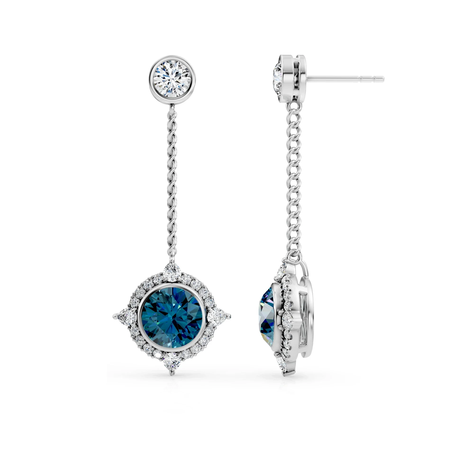 Round London Blue Topaz and Diamond Drop Earrings