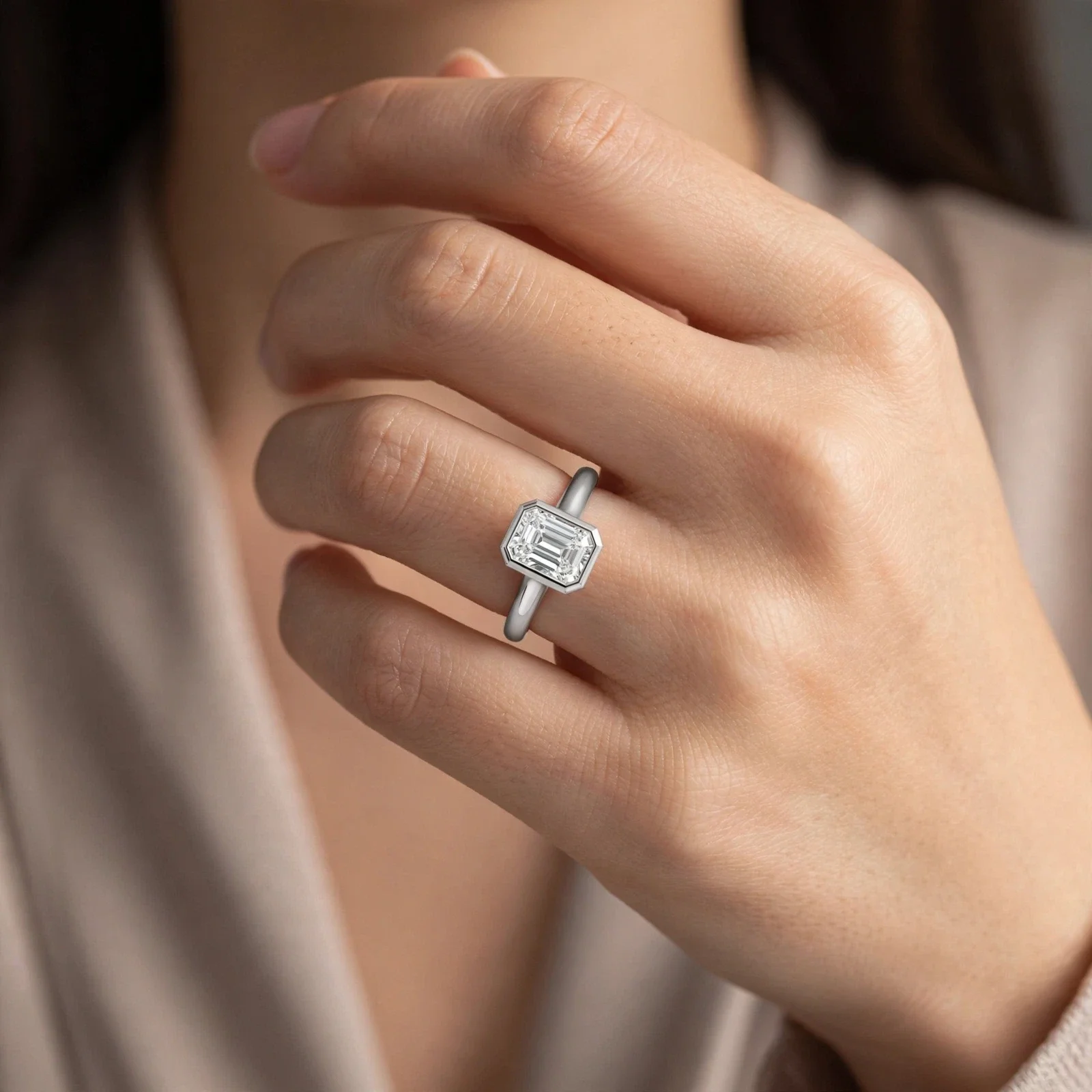 Radiant Cut East-West Lab-Grown Diamond Bezel Engagement Ring