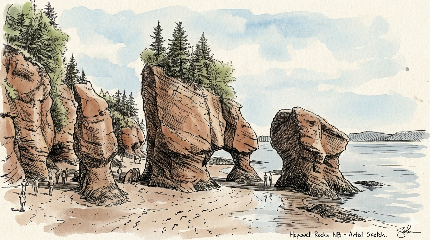 A hand-drawn sketch of the Hopewell Rocks in New Brunswick, Canada, showing the unique "flowerpot" rock formations at low tide. This illustration, ideal for a geology or erosion unit study, features large, weathered red sandstone arches, pillars, and sea 