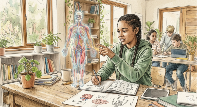 Student analyzing human body systems via interactive 3D model