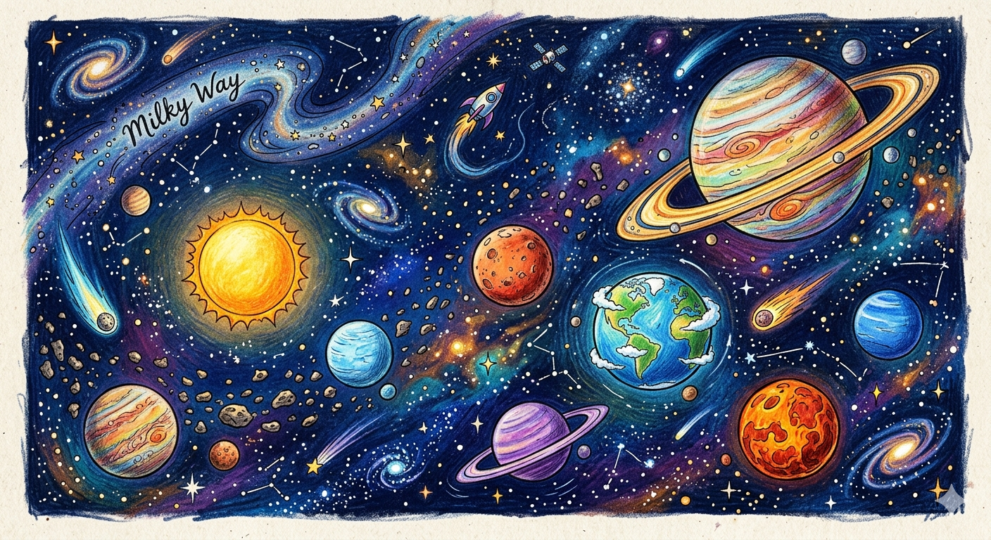 A vibrant colored pencil illustration of outer space featuring a glowing yellow sun, the blue and green Earth, a large ringed planet Saturn, and other colorful planets amidst an asteroid belt, comets, and a spiral galaxy labeled Milky Way on textured pape