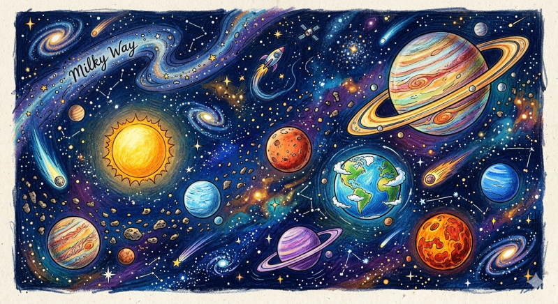 A vibrant colored pencil illustration of outer space featuring a glowing yellow sun, the blue and green Earth, a large ringed planet Saturn, and other colorful planets amidst an asteroid belt, comets, and a spiral galaxy labeled Milky Way on textured pape