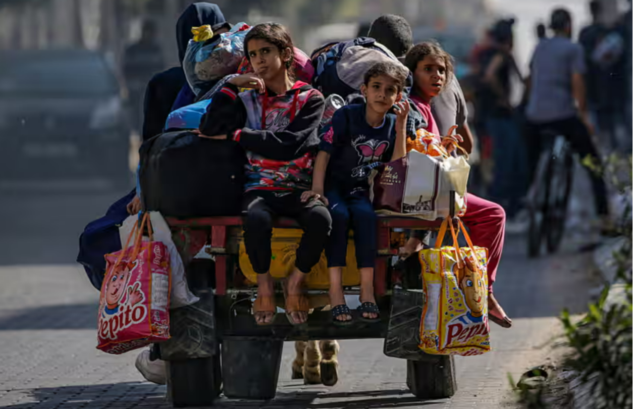 ‘When evacuation orders were issued in the north, first in October last year, many people with disabilities could not flee.’ Residents flee Gaza City, 8 November 2023. Photograph: Mohammed Saber/EPA