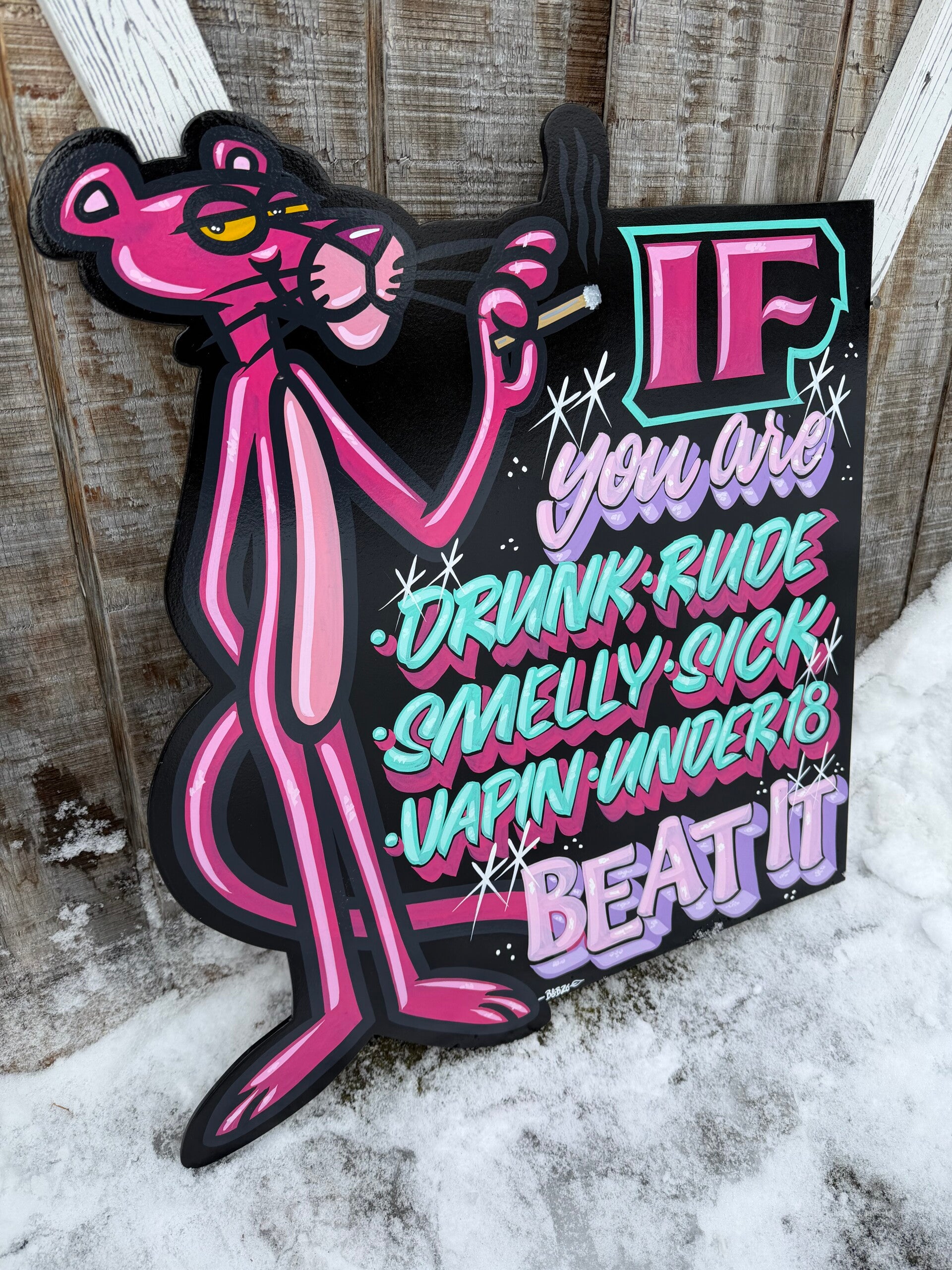 Pink panther shop rules sign