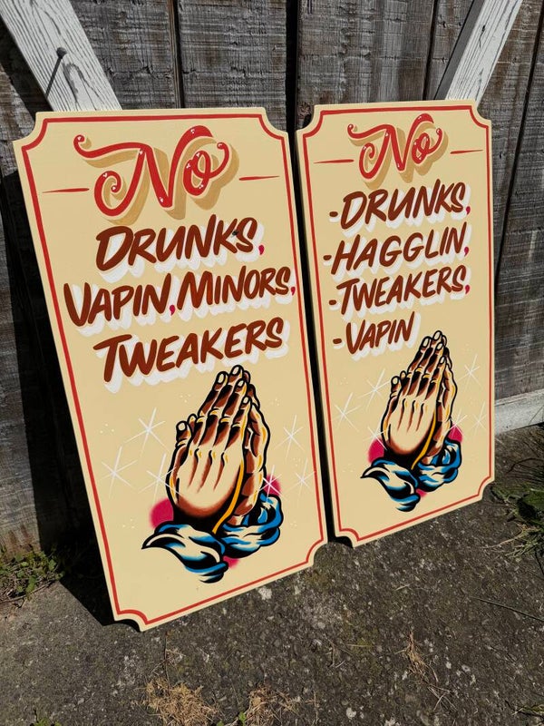 Praying hands shop rules signs