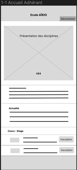 Wireframe page accueil adhérent - version iitiale