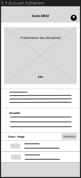 Wireframe page accueil adhérant avec modification après étdude d'utilisabilité