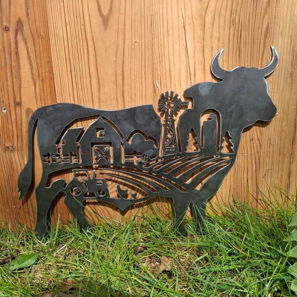 Koe en Boerderij - Metalen wanddecoratie