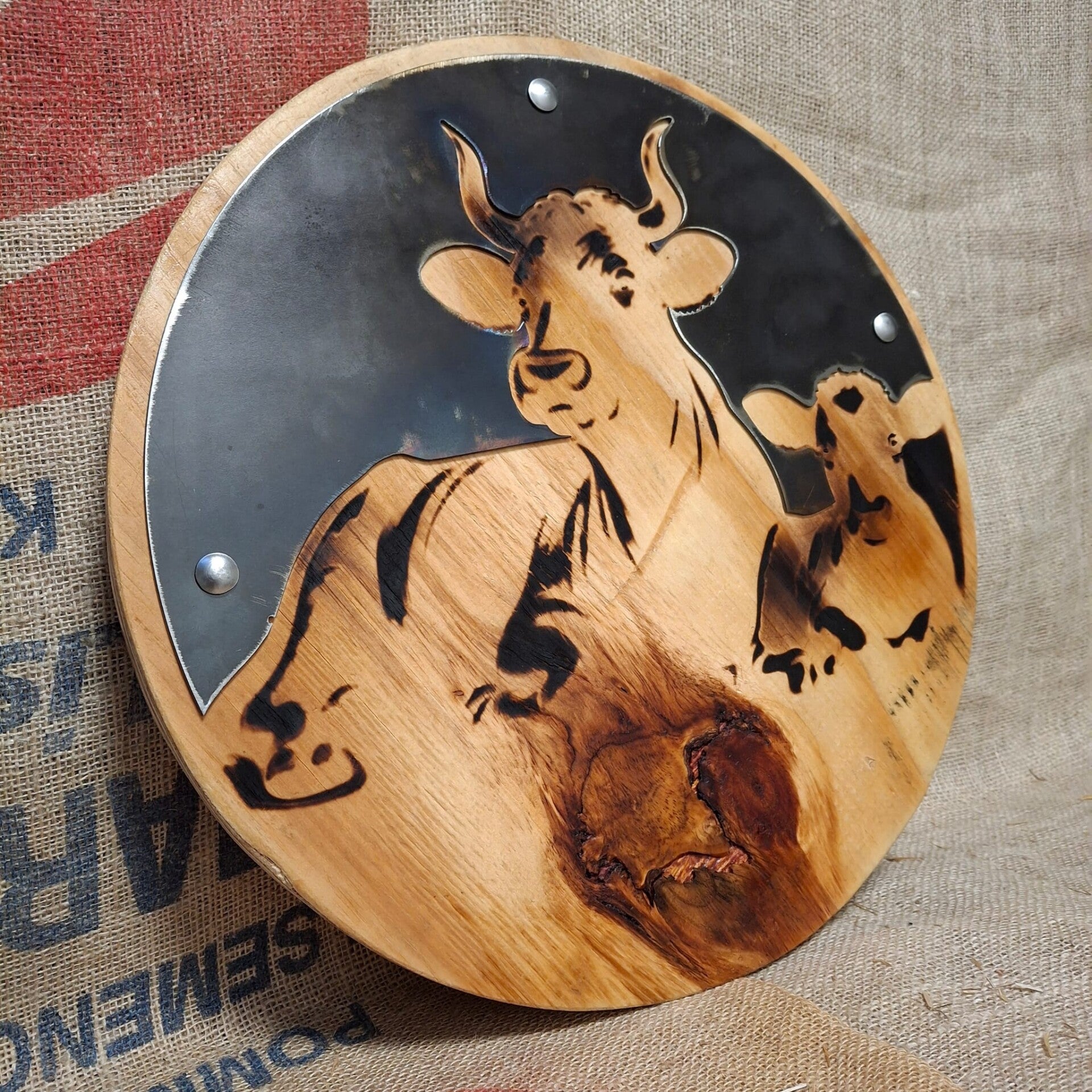 Koe met kalf - Houten / metalen wandbord