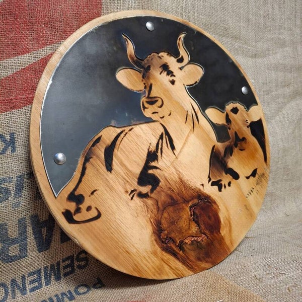 Koe met kalf - Houten / metalen wandbord