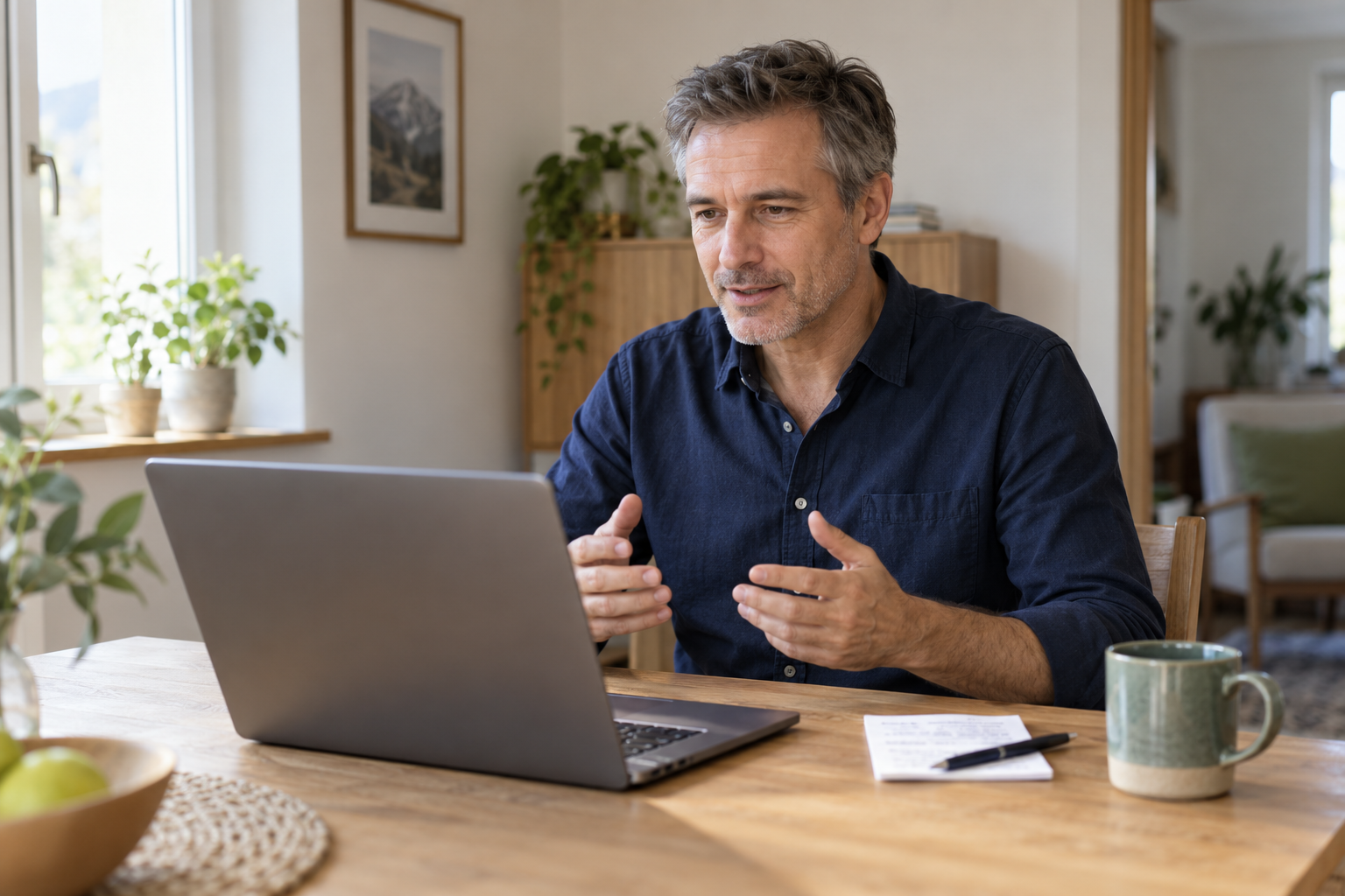 Ein Mann übt am Laptop, im Online-Vorstellungsgespräch in eigenen Worten zu antworten.