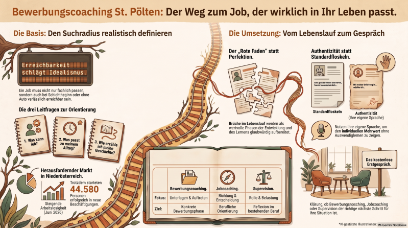Infografik zum Bewerbungscoaching in St. Pölten: realistischer Suchradius, Erreichbarkeit, roter Faden, authentische Bewerbung und Abgrenzung zu Jobcoaching und Supervision