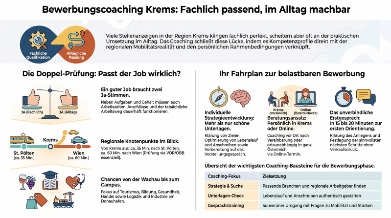 Infografik zum Bewerbungscoaching Krems: fachliche Passung, Arbeitsweg und Coaching-Bausteine