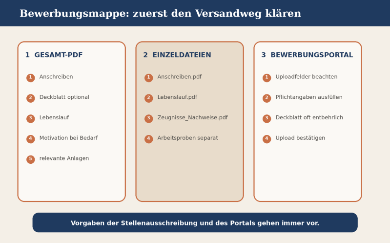 Schematische Grafik: Reihenfolge und Unterschiede zwischen Gesamt-PDF, Einzeldateien und Bewerbungsportal