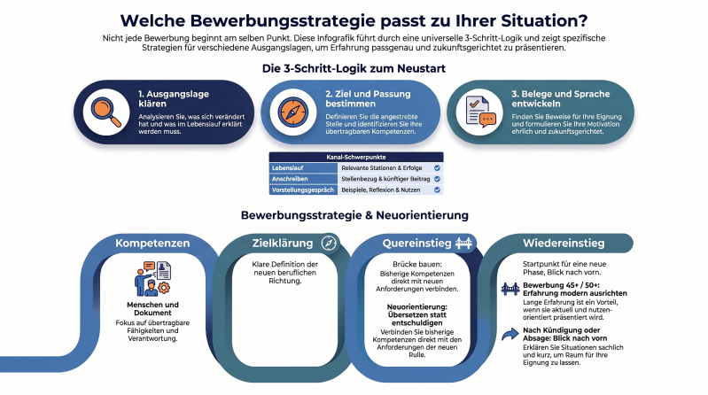 Infografik: Welche Bewerbungsstrategie passt zu Ihrer Situation? Drei Schritte und Wege für Kompetenzen, Zielklärung, Quereinstieg, Wiedereinstieg, Bewerbung 45 plus und 50 plus sowie Bewerbung nach Kündigung oder Absage.
