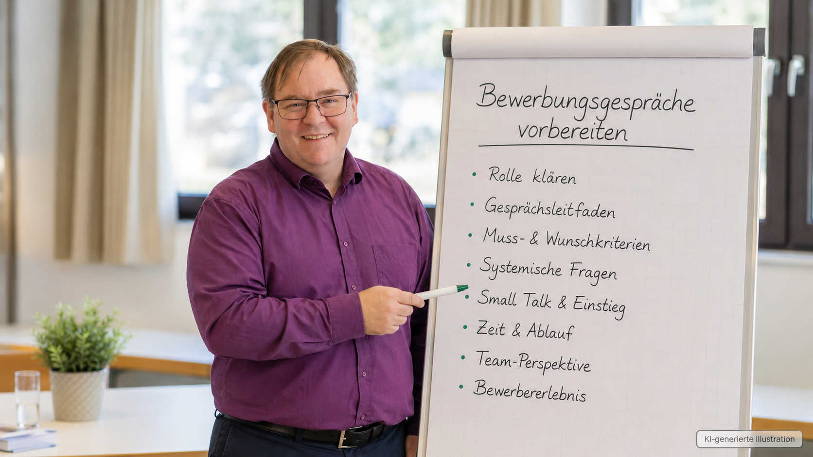 KI-Illustration: Ronald Neumayer an einem Flipchart mit Themen zur Vorbereitung von Bewerbungsgesprächen