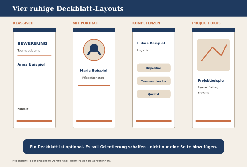 Schematische Darstellung von vier Deckblatt-Layouts: klassisch, mit Portrait, kompetenzorientiert und projektbezogen