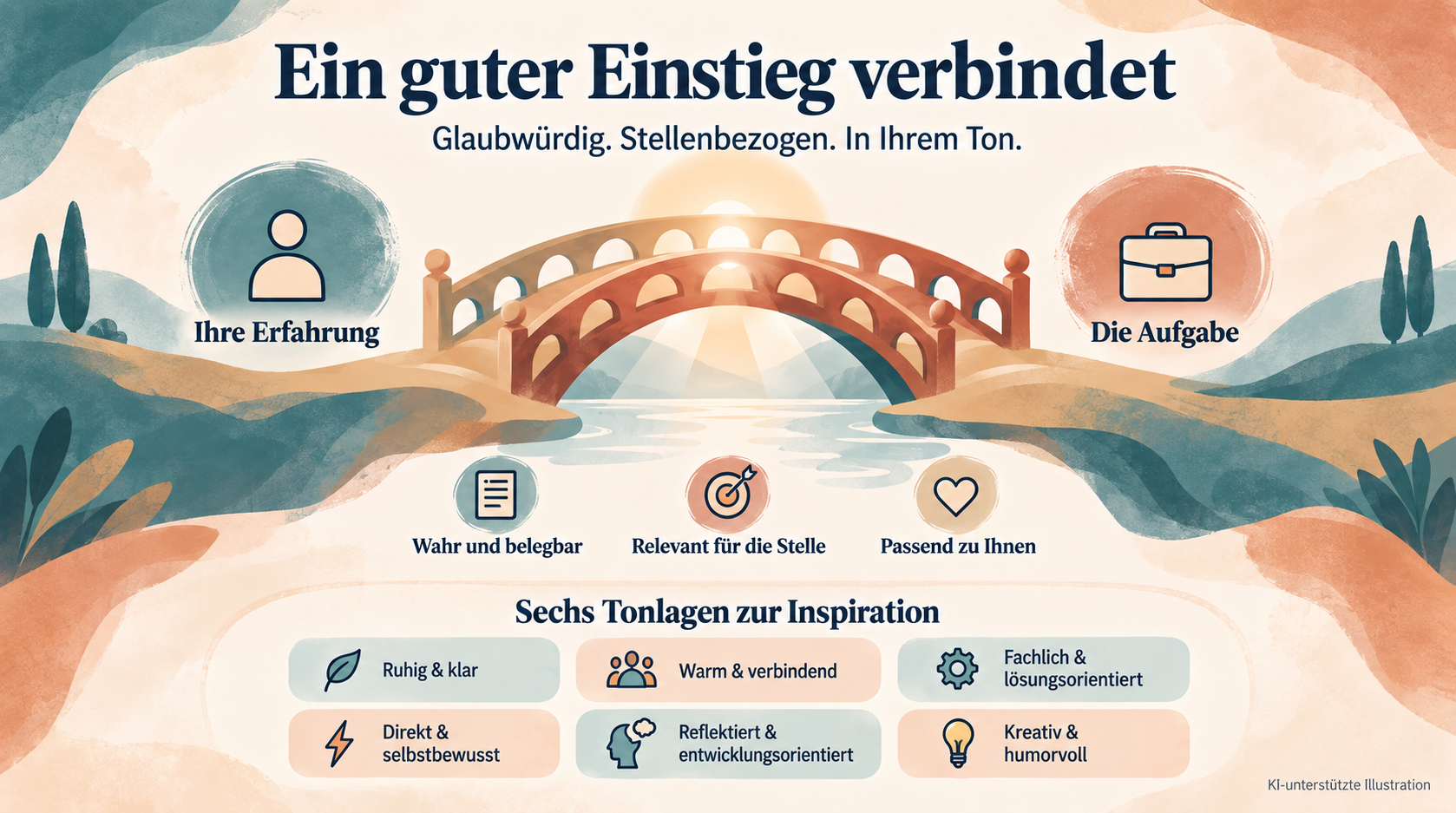 Ein glaubwürdiger Bewerbungseinstieg verbindet Ihre Erfahrung mit der Aufgabe. Sechs Tonlagen: ruhig, warm, fachlich, direkt, reflektiert und kreativ.