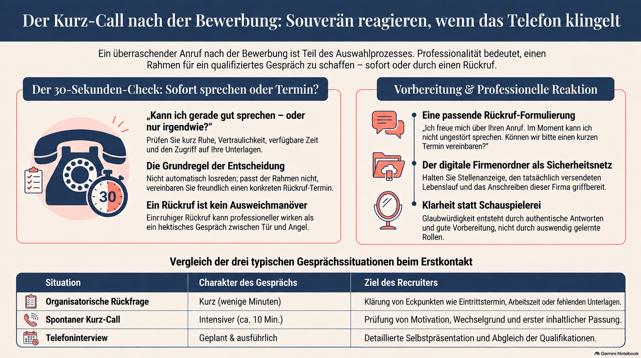 Kurz-Call im Überblick: Gesprächsrahmen prüfen, gegebenenfalls Rückruf vereinbaren, richtigen Firmenordner öffnen; organisatorische Rückfrage, Kurz-Call und Telefoninterview unterscheiden
