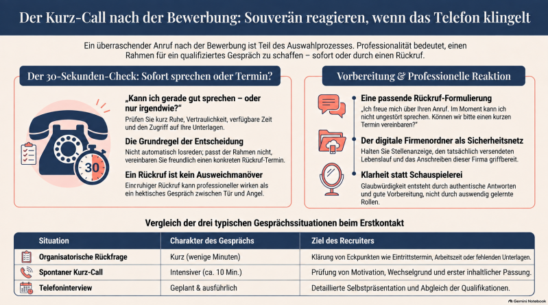 Infografik zum Kurz-Call nach der Bewerbung: 30-Sekunden-Check, Rückruf-Formulierung, Unterlagen und typische Gesprächssituationen