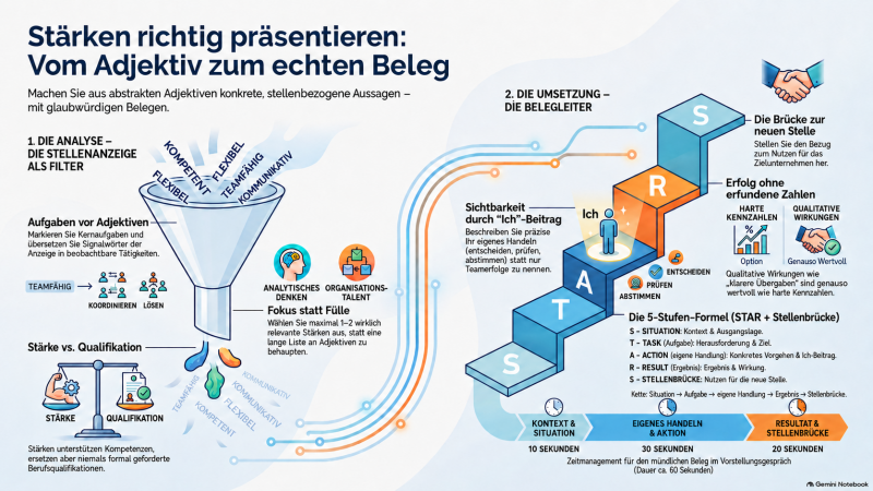Infografik: Stärken aus der Stellenanzeige filtern und mit der STAR-Methode plus Stellenbrücke glaubwürdig belegen.