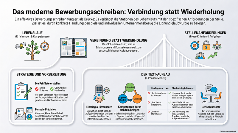 Infografik zum modernen Bewerbungsschreiben: Lebenslauf und Stellenanforderungen verbinden, Strategie, formaler Rahmen, konkrete Handlungsbeispiele und Schlusssatz