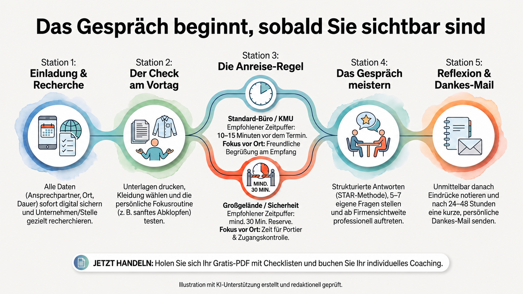 Fünf Phasen vom Einladungsanruf und letzten Check über Anreise und Gespräch bis Reflexion und Danke-Mail