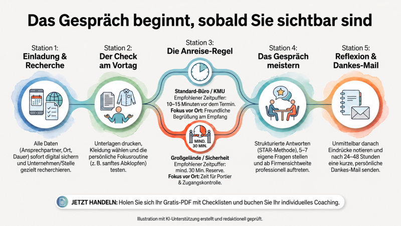 Das Gespräch beginnt, sobald Sie sichtbar sind: fünf Phasen von Einladung und Recherche über den letzten Check und die Anreise bis zum Gespräch, zur Reflexion und zur Danke-Mail.