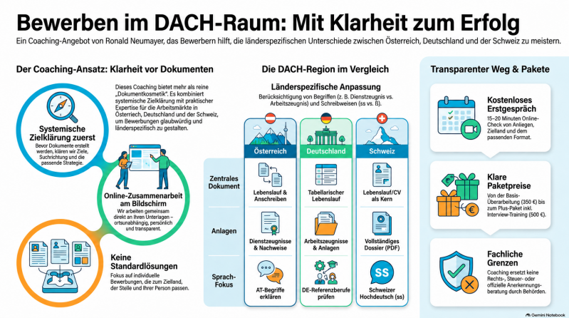 Infografik zum Online-Bewerbungscoaching im DACH-Raum: Zielklärung, Unterschiede zwischen Österreich, Deutschland und der Schweiz sowie Coaching-Ablauf und Pakete