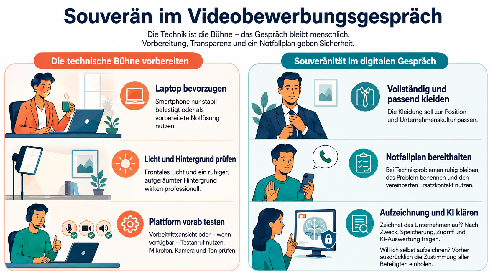 Sechs Vorbereitungsfelder für das Videogespräch: Gerät, Licht und Hintergrund, Plattformtest, Kleidung, Notfallplan sowie Aufzeichnung und KI.