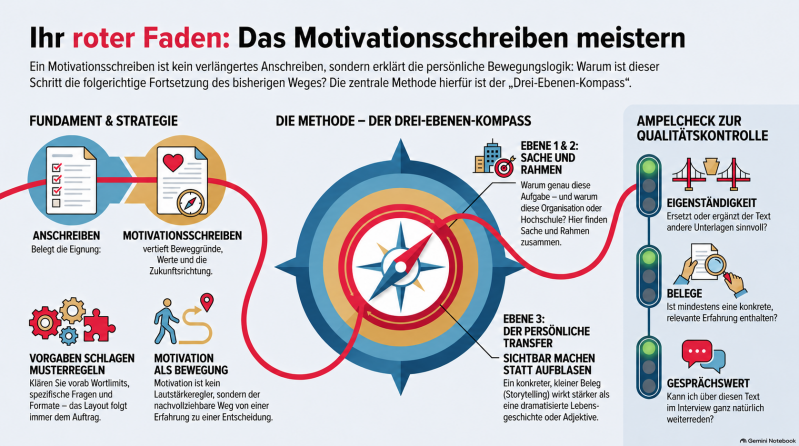 Infografik zum Motivationsschreiben: Unterschied zum Anschreiben, Drei-Ebenen-Kompass, persönliche Bewegungslogik und Ampelcheck zur Qualitätskontrolle